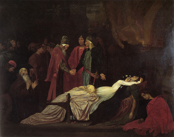 tableau intitulé "The Reconciliation of the Montagues and Capulets over the Dead Bodies of Romeo and Juliet" réalisé en 1855 par Frederic, lord Leighton